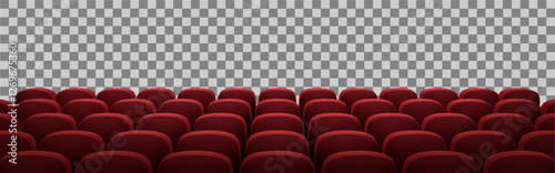 3D-rendered vector image of a movie theater seating arrangement with plush red chairs in a semi-circular layout. The perspective emphasizes the immersive experience of a theater setting.