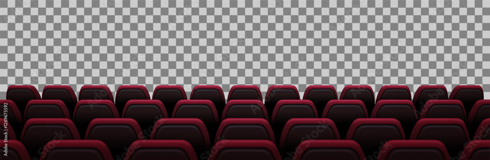 Naklejka premium A realistic 3D vector illustration of a cinema's back row view, showing dark red seats arranged for a premium viewing experience. The transparent background makes it adaptable for various uses.