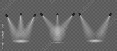 A professional 3D-rendered vector illustration featuring a set of stage spotlights with a transparent background, ideal for creating realistic lighting effects.