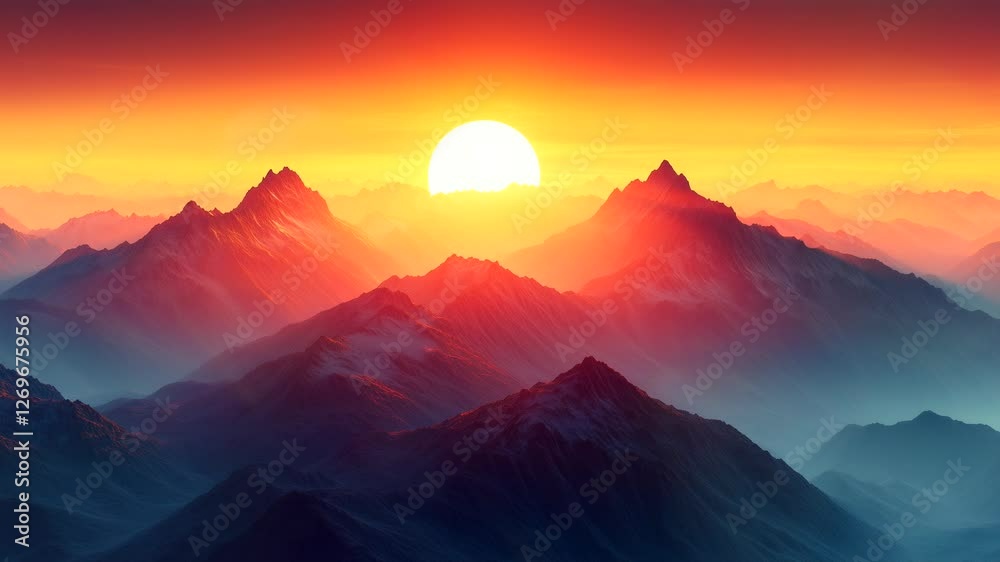 Golden sun rising over layers of misty mountain peaks in warm morning light. Seamless looping 4K video background. Golden sun rising over layers of misty mountain peaks in warm morning light. Seamless looping 4K video background.