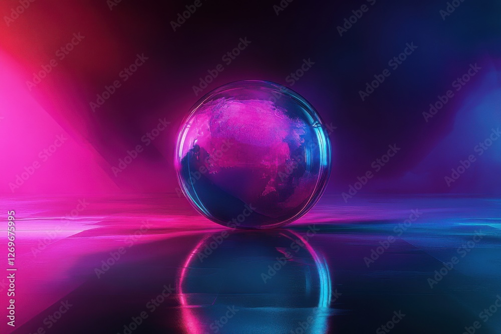Futuristic glass sphere with a glowing world map, illuminated by vibrant pink and blue neon lights in a sleek, sci-fi environment Futuristic glass sphere with a glowing world map, illuminated by vibrant pink and blue neon lights in a sleek, sci-fi environment