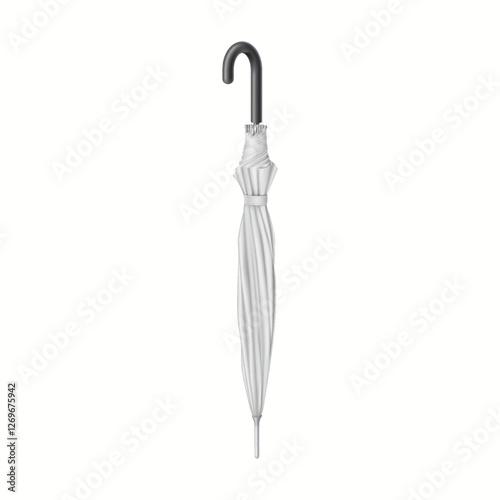 Classic closed white umbrella-cane with black curved handle realistic vector illustration. Protection from bad weather conditions 3d object on white