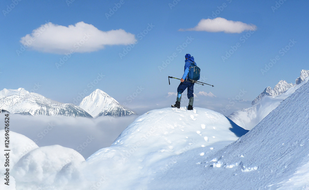Success of a strong and professional man who reaches a snowy peak in difficult mountains Success of a strong and professional man who reaches a snowy peak in difficult mountains