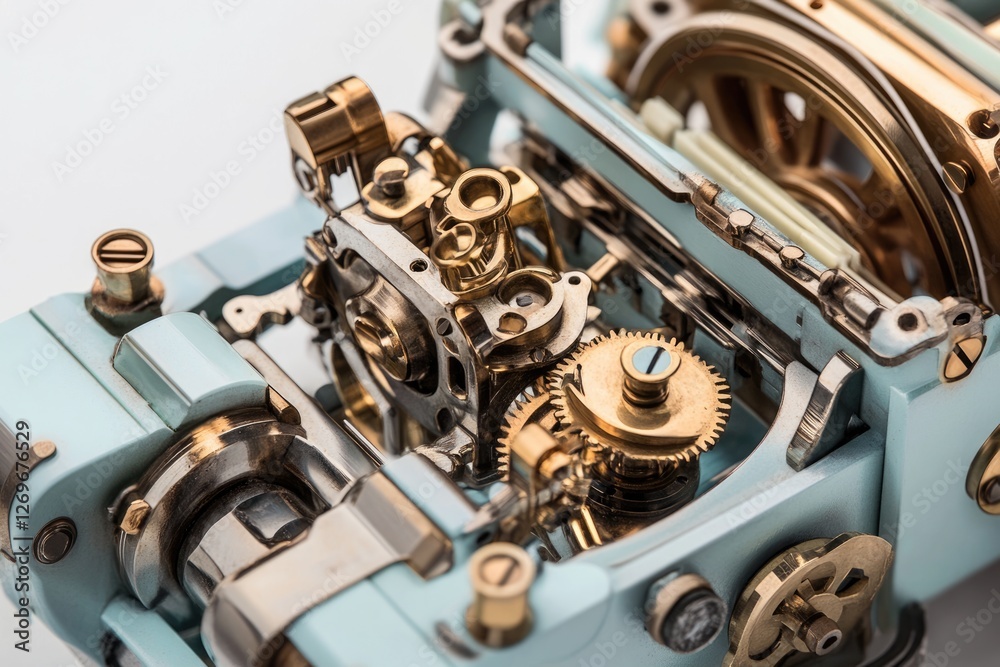 Obraz premium Intricate clockwork mechanism, showcasing gears, levers, and brass components in a pale blue casing.