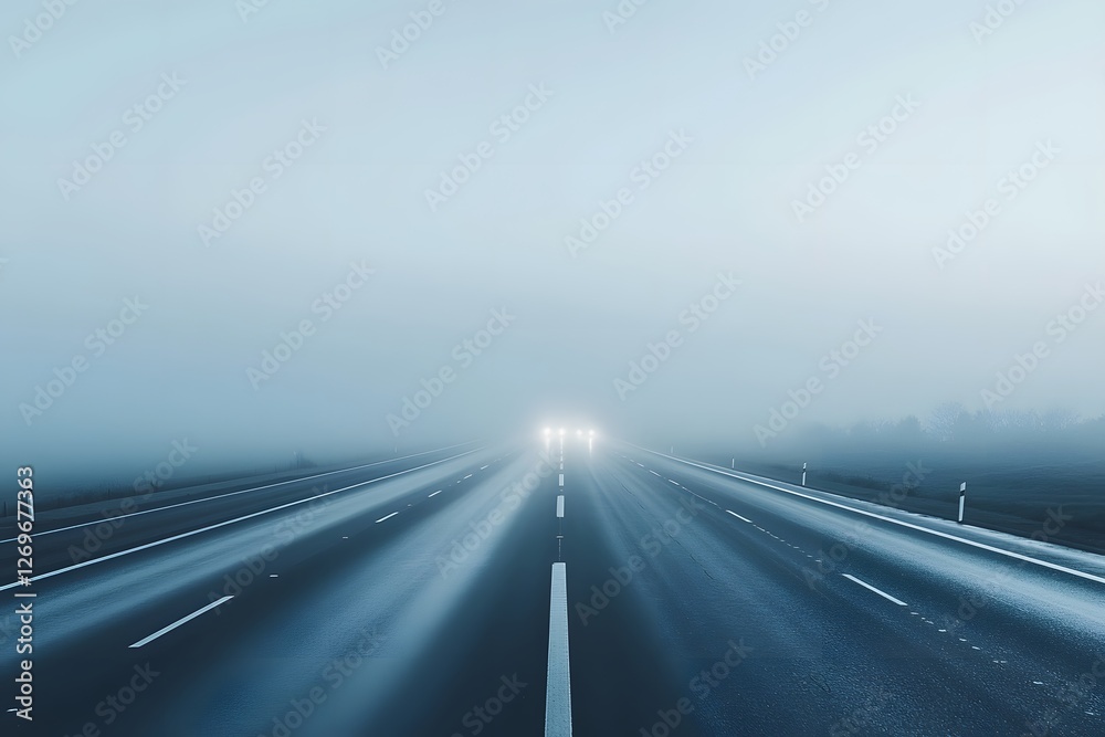 Into the Fog: A long, straight highway vanishes into a thick fog, with the headlights of approaching vehicles illuminating the mist. This image evokes a sense of mystery and intrigue. Into the Fog: A long, straight highway vanishes into a thick fog, with the headlights of approaching vehicles illuminating the mist. This image evokes a sense of mystery and intrigue.