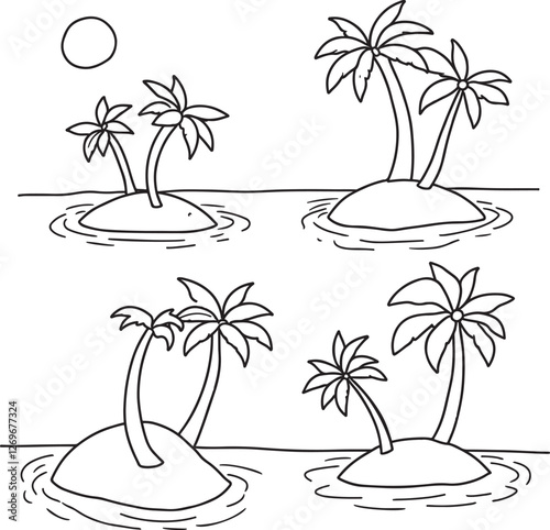Sunset symbol island painting with coconut palms simple design
