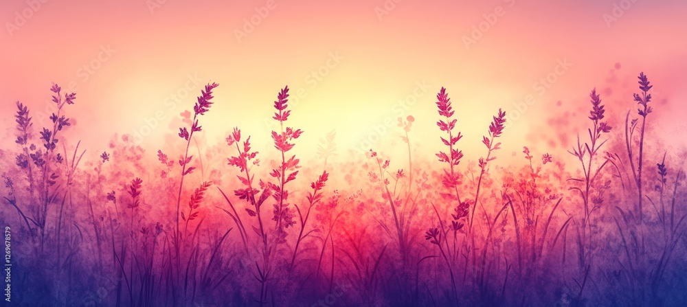 Fototapeta premium Dreamy Watercolor Meadow Serene Lavender Field at Sunset, Pastel Hues, Delicate Plant Silhouettes