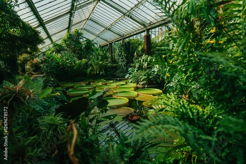 Greenhouse with lush greenery and lily pads photo