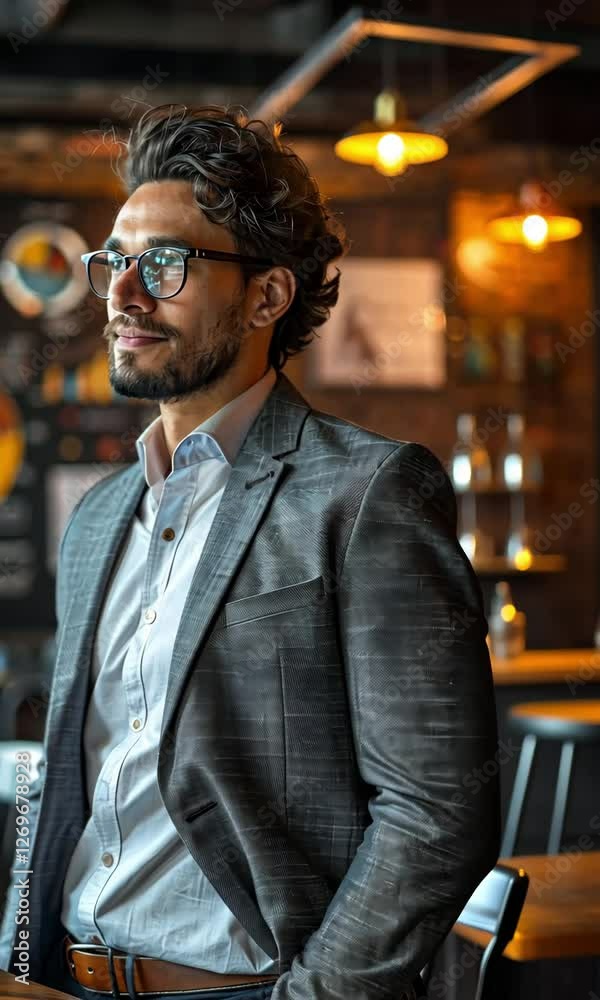 Professional man in stylish attire stands confidently in a modern office space during a meeting Professional man in stylish attire stands confidently in a modern office space during a meeting