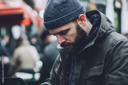 Man in Thought: A bearded man in a beanie and jacket, lost in contemplation, amidst a blurred urban backdrop. His serious expression and downward gaze hint at deep thought or introspection.