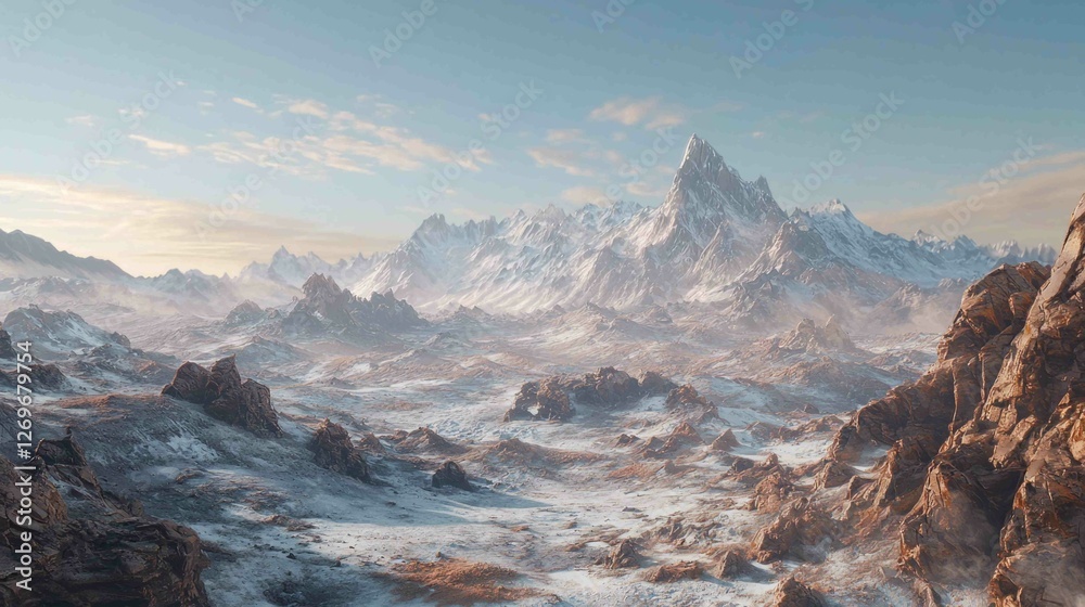 Obraz premium Dramatic High Altitude Landscape with Snowy Peaks and Rocky Terrain