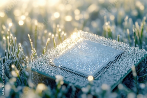 A frost-covered microchip lies in the grass, symbolizing the fragility of technology in nature's embrace.