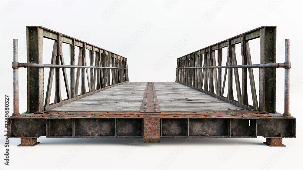 Fototapeta premium Title (with detailed description): A rustic iron bridge with a weathered and aged look, spanning a misty landscape with autumnal foliage, evoking a sense of timelessness and tranquility. 