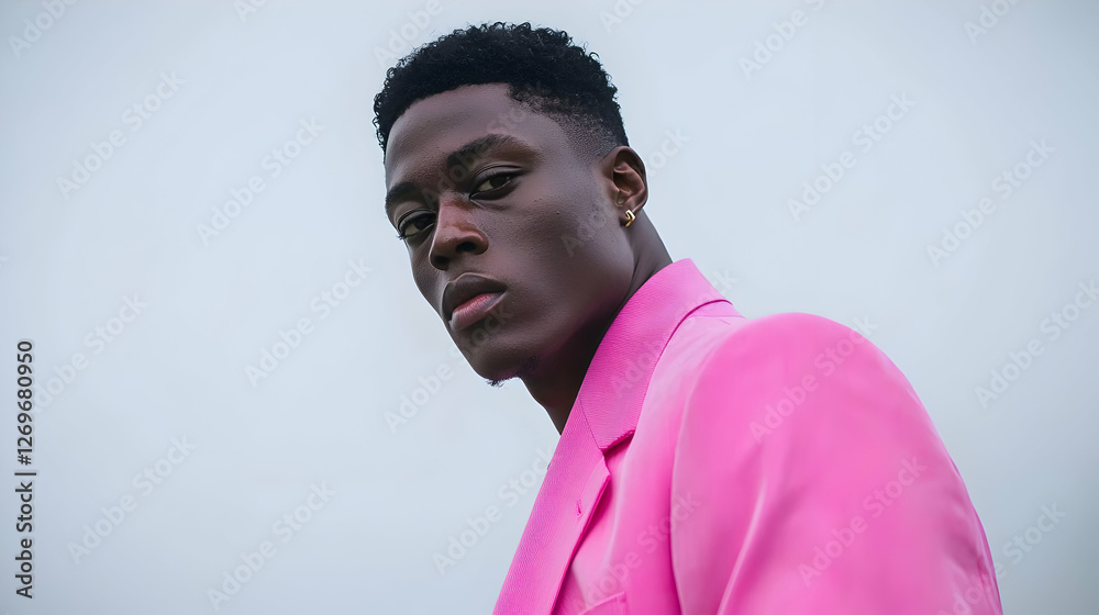 Obraz premium Confident young Black man in a vibrant pink blazer posing outdoors against an overcast sky.