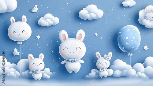 Cute bunnies, balloons, clouds, blue sky, baby shower