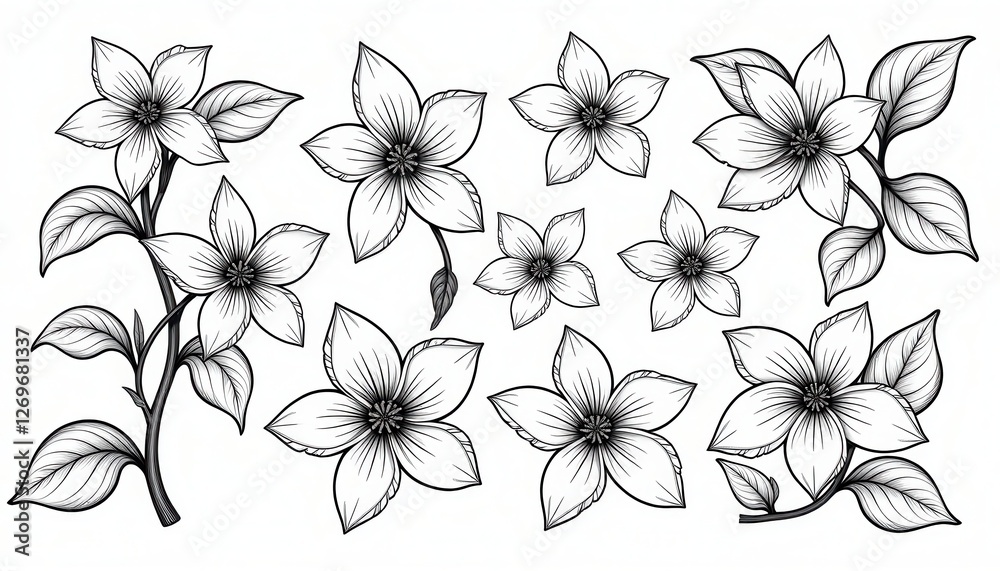 Obraz premium Monochromatic Floral Art: Detailed Black and White Flowers Against a Pure White Canvas. A black and white drawing of flowers and leaves.