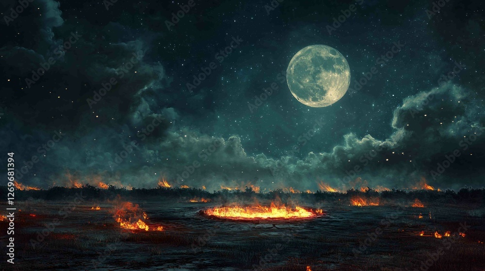 Dramatic Night Scene of Meteorite Impact and Fiery Landscape Dramatic Night Scene of Meteorite Impact and Fiery Landscape