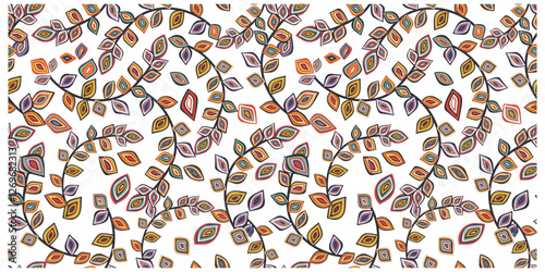 A decorative pattern of multicolored leaves arranged on a bright white surface, Colorful, swirling leaves in various shapes and sizes on a white background, creating a vibrant, whimsical pattern.
