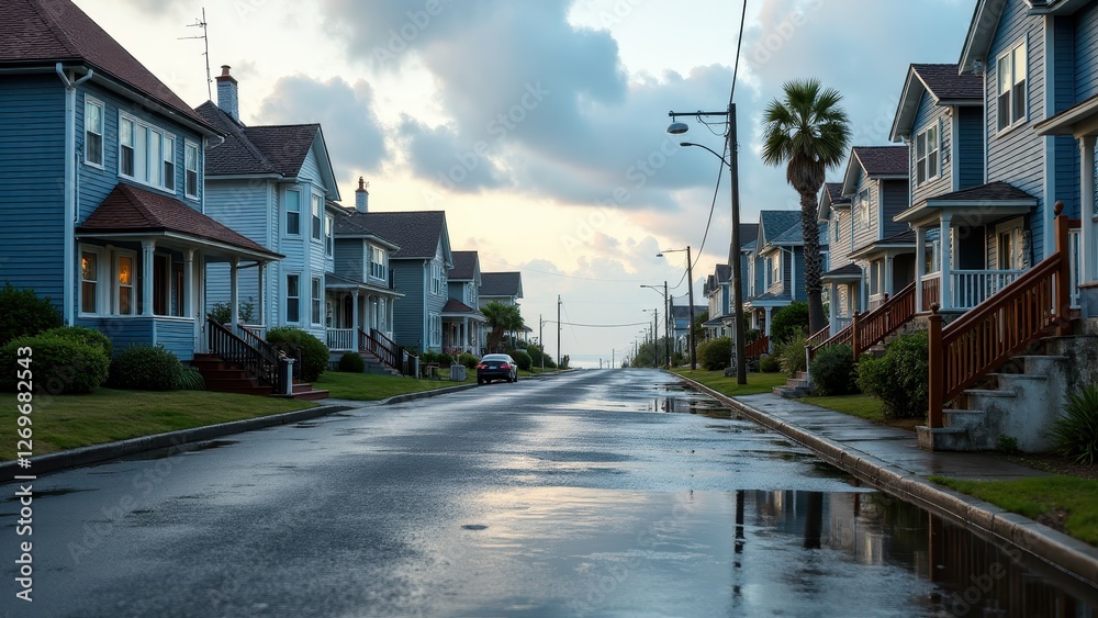 Kids jumping in puddles, Coastal town streets with ocean view small reflecting puddles under cloudy sky photorealistic. Kids jumping in puddles, Coastal town streets with ocean view small reflecting puddles under cloudy sky photorealistic.