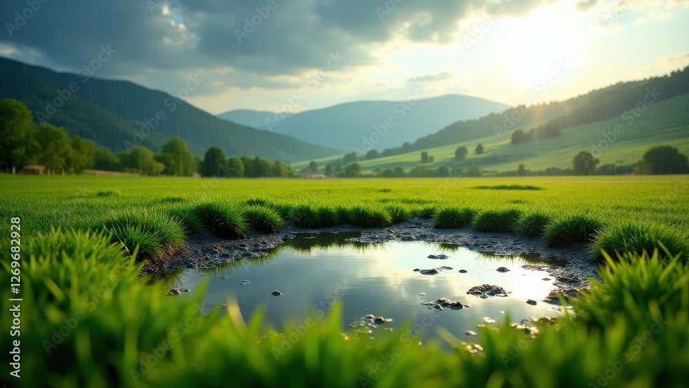 Kids jumping in puddles, Countryside under clear rainfall rolling hills in view large puddle with rain droplets in lush grass photorealistic. Kids jumping in puddles, Countryside under clear rainfall rolling hills in view large puddle with rain droplets in lush grass photorealistic.