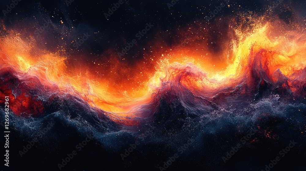 A vibrant cosmic landscape with fiery waves and swirling colors, evoking a sense of wonder. A vibrant cosmic landscape with fiery waves and swirling colors, evoking a sense of wonder.