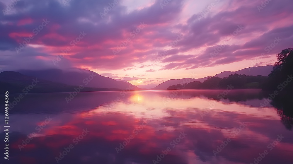 Vibrant sunset reflecting on calm lake water, mountains in background. Vibrant sunset reflecting on calm lake water, mountains in background.
