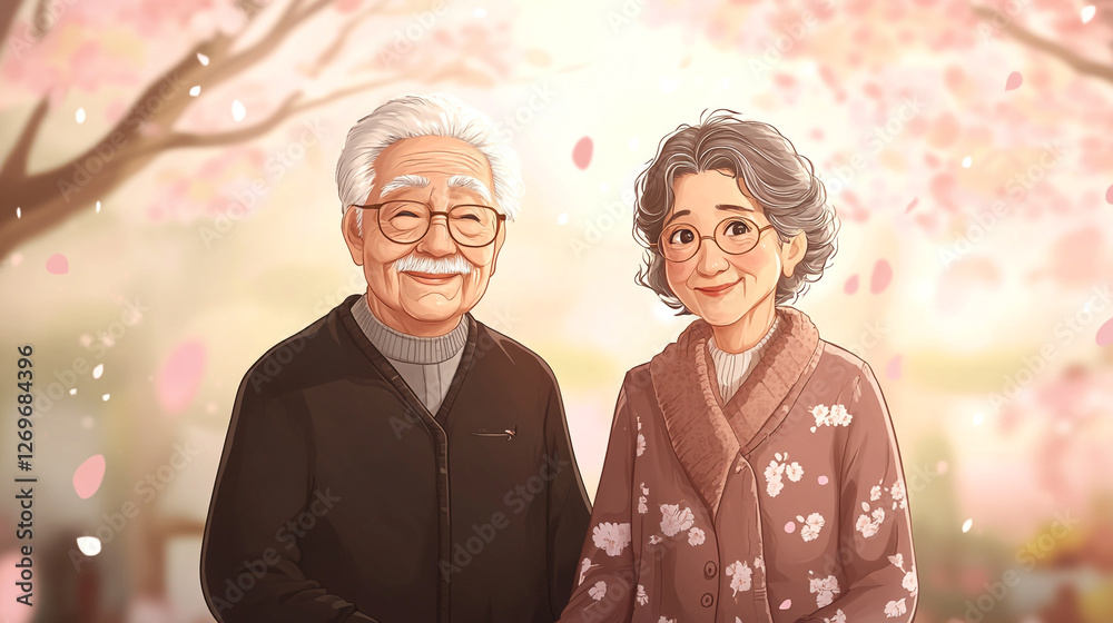 An affectionate elderly couple smiles together in a springtime park, surrounded by blooming cherry blossom trees and falling petals, capturing a moment of love and companionship An affectionate elderly couple smiles together in a springtime park, surrounded by blooming cherry blossom trees and falling petals, capturing a moment of love and companionship