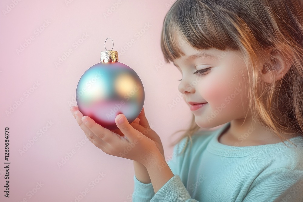 A gentle portrait of a young girl admiring a shimmering Christmas ornament with soft light, set against a delicate pink backdrop, evoking festive cheer. A gentle portrait of a young girl admiring a shimmering Christmas ornament with soft light, set against a delicate pink backdrop, evoking festive cheer.
