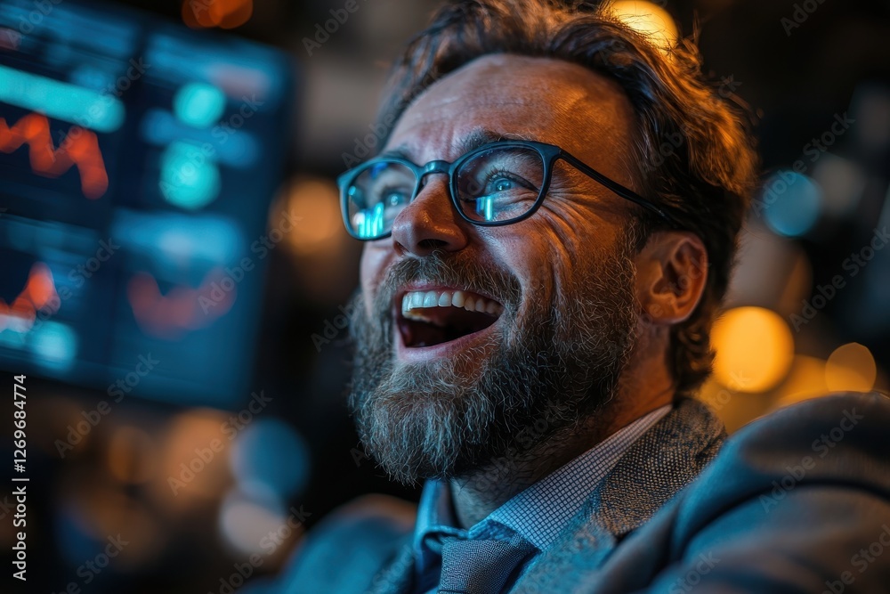 Smiling businessman in a modern office environment with digital data displays and lights Smiling businessman in a modern office environment with digital data displays and lights
