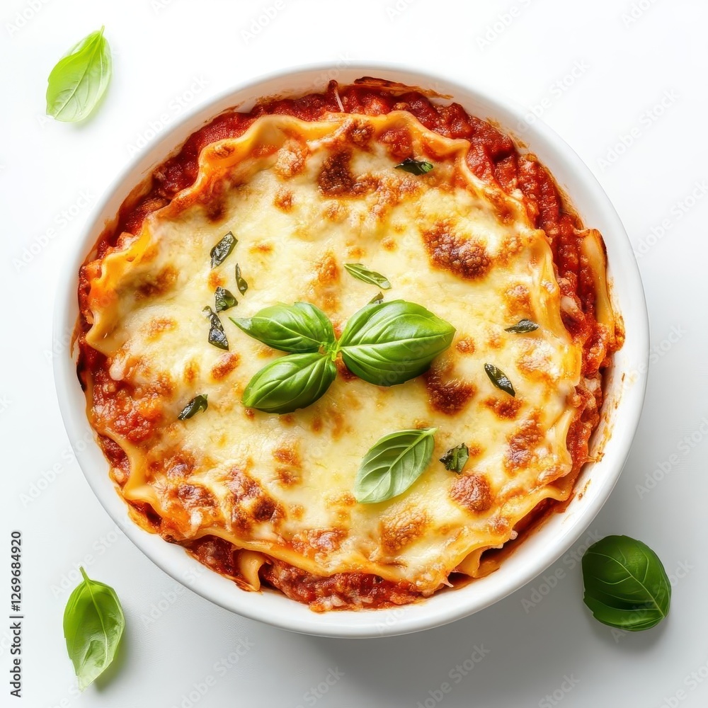Homemade Lasagna with Fresh Basil Garnish in Minimalist White Bowl, Top View for Food Bloggers and Recipe Books Homemade Lasagna with Fresh Basil Garnish in Minimalist White Bowl, Top View for Food Bloggers and Recipe Books