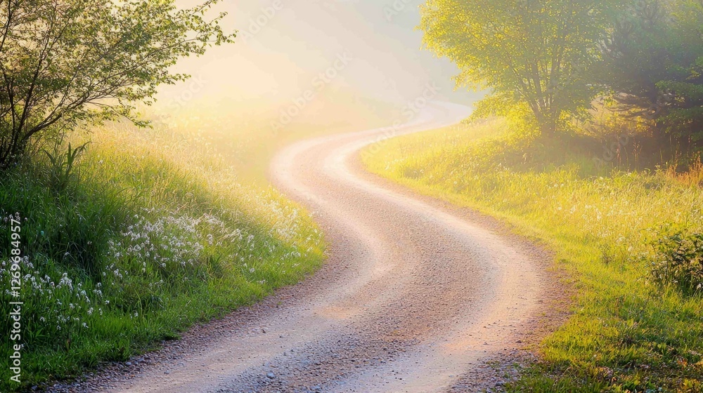 Scenic Winding Gravel Road Through Misty Landscape in Soft Light Scenic Winding Gravel Road Through Misty Landscape in Soft Light