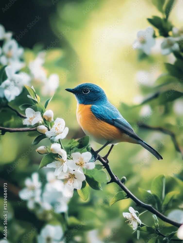 Blue and Orange Bird on Tree Branch Blue and Orange Bird on Tree Branch
