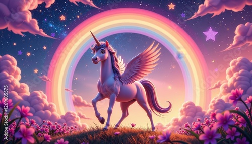 Magical Unicorn Winged Portrait on Lush Meadow amidst Starry Night and Rainbow Clouds. A unicorn with wings stands in a field of flowers under a rainbow. photo