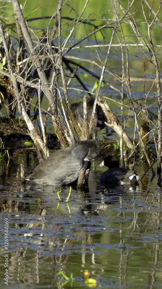 Vertical 4K video series featuring American Coots swimming and foraging on a lake in spring. Captures their natural behavior in a serene aquatic habitat. Perfect for nature and wildlife content. Vertical 4K video series featuring American Coots swimming and foraging on a lake in spring. Captures their natural behavior in a serene aquatic habitat. Perfect for nature and wildlife content.