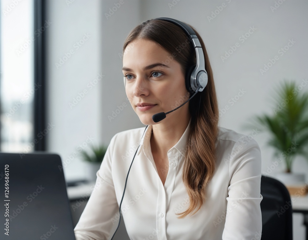 Professional Female Customer Service Representative with Confident Expression in Modern Office Setting Professional Female Customer Service Representative with Confident Expression in Modern Office Setting