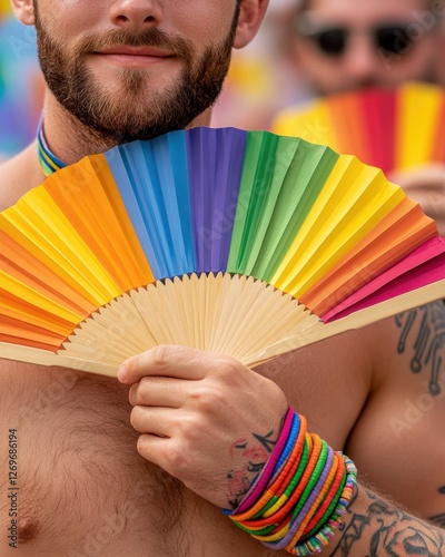 A close-up of a man hands holding rainbow fans, showing colorful pride bracelets and tattoos photo