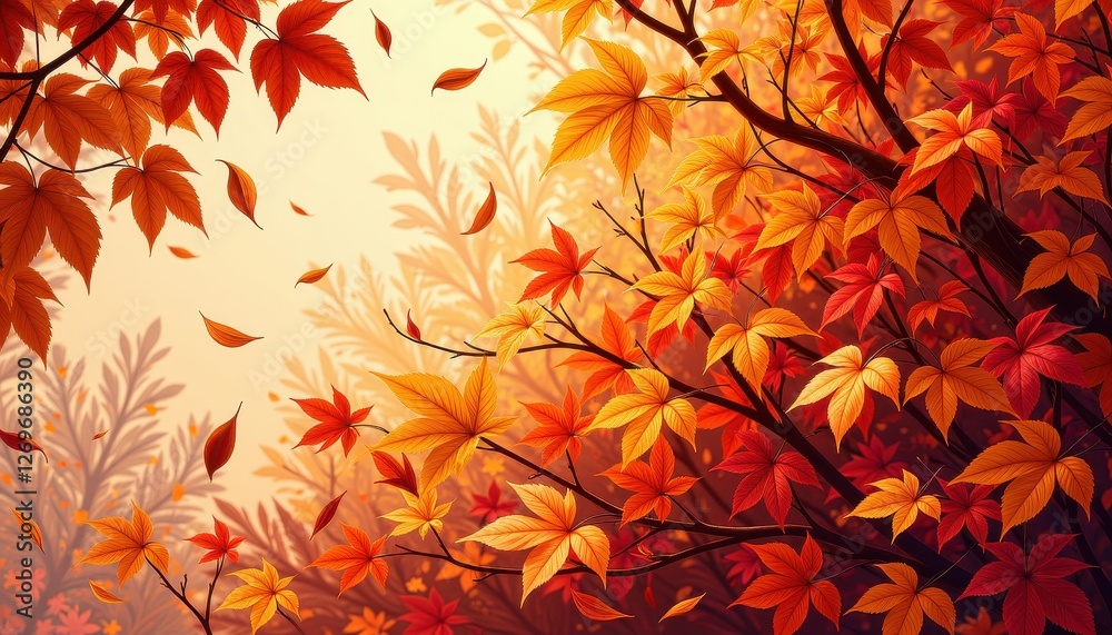 Vibrant Digital Art Autumn Scene: Red and Orange Leaves Against Clear Sky. A vibrant autumnal scene with falling leaves. Vibrant Digital Art Autumn Scene: Red and Orange Leaves Against Clear Sky. A vibrant autumnal scene with falling leaves.
