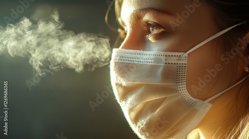 Woman with Face Mask Exhaling Breath in Soft Light Highlights Health Awareness