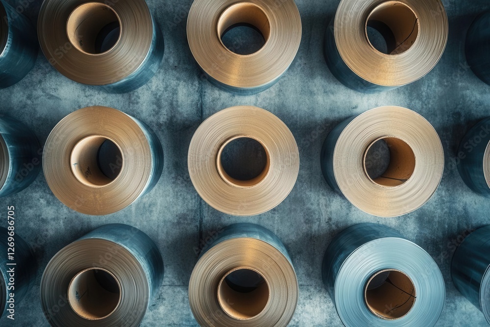 Large Aluminium Steel Rolls in an Industrial Warehouse Setting Large Aluminium Steel Rolls in an Industrial Warehouse Setting
