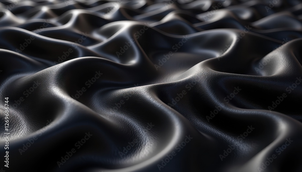 Obraz premium Luxurious Black Satin Fabric with Intricate Folds and Glossy Sheen. A close up shot of a black leather texture.