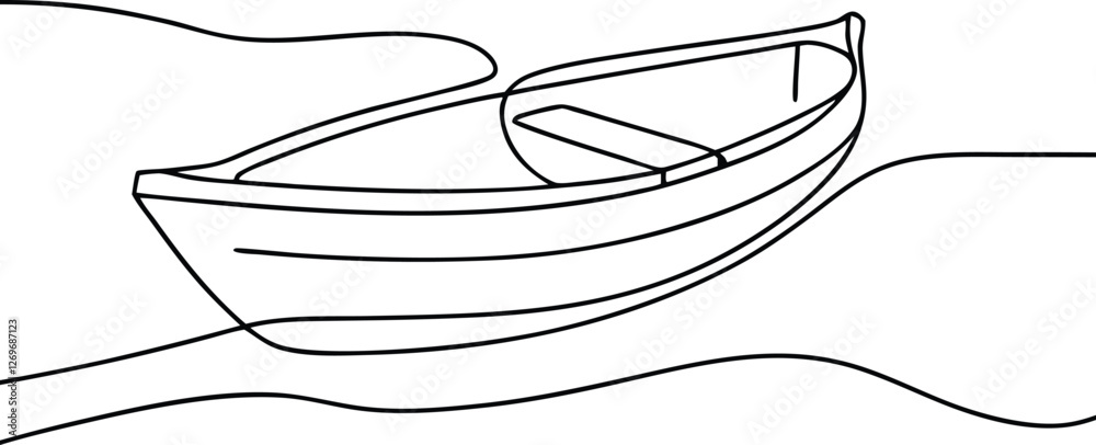 Simple Line Drawing of Rowboat on Water, Nautical Vessel Simple Line Drawing of Rowboat on Water, Nautical Vessel