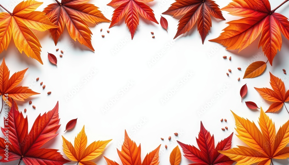 Vibrant Red and Orange Maple Leaves Against a White Background: Craftsmanship Highlighted. A frame made of autumn leaves on a white background. Vibrant Red and Orange Maple Leaves Against a White Background: Craftsmanship Highlighted. A frame made of autumn leaves on a white background.