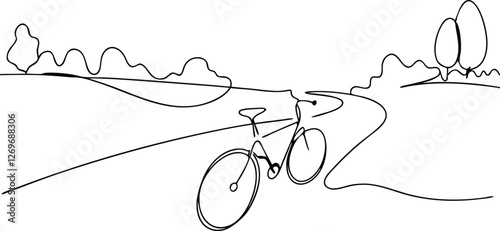 Cycling Countryside OneLine Bicycle Nature Landscape Sketch