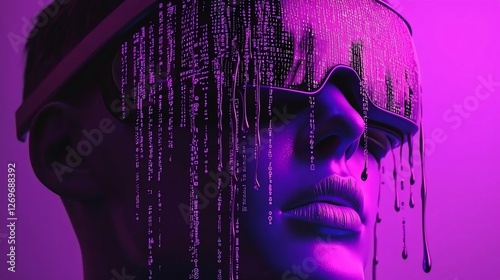 Person wearing a VR headset with digital code dripping.