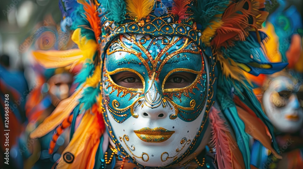 A vibrant close-up of a person wearing an ornate Venetian carnival mask with intricate gold details, bold makeup, and a feathered hat.
A vibrant close-up of a person wearing an ornate Venetian carnival mask with intricate gold details, bold makeup, and a feathered hat.