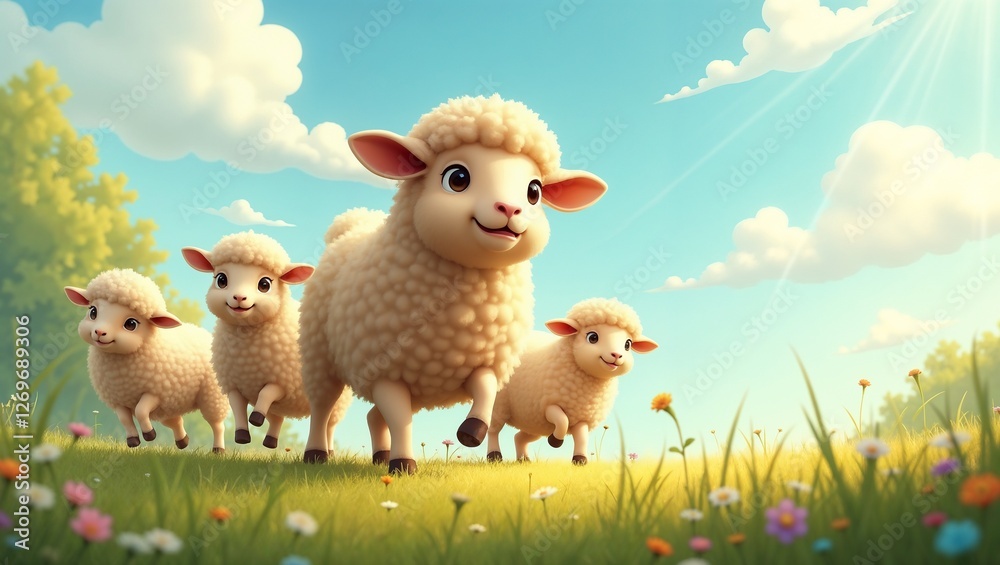Fototapeta premium Cute cartoon sheep family happily walking in a sunny meadow with flowers