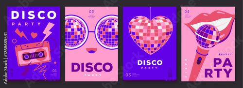 Set of retro disco party posters, covers or banners with disco ball. Disco background. Flat design. Vector illustration