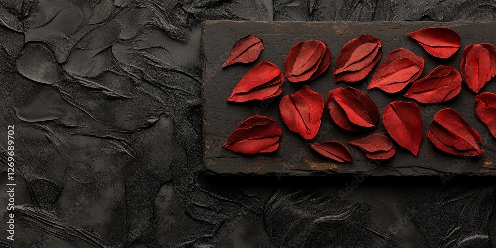 Obraz premium Dark Red Petals on Black Stone Elegant Abstract Floral Background