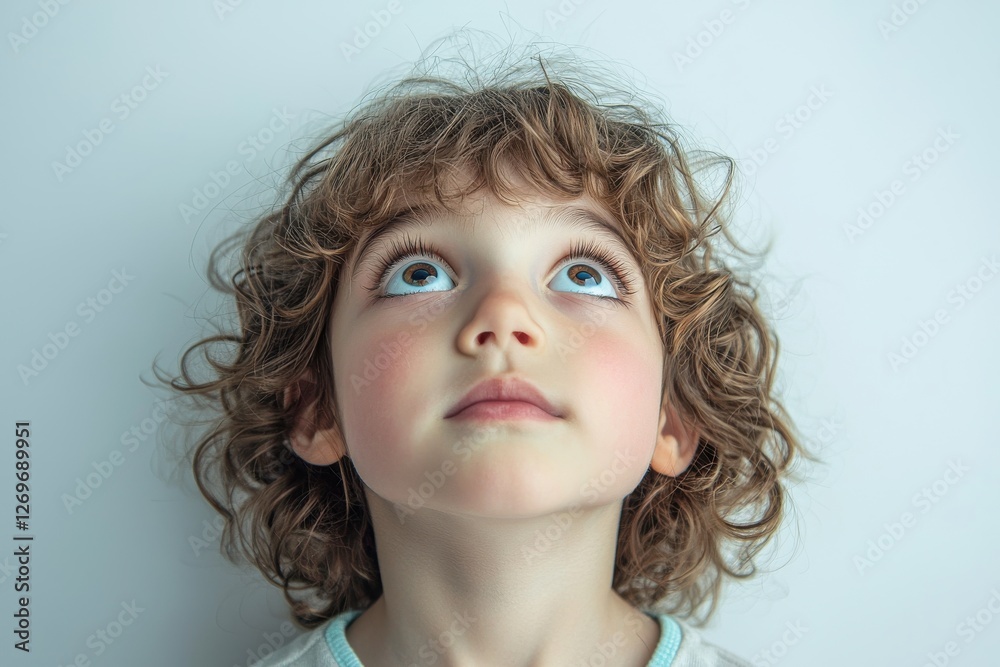Captivating close-up portrait of a young child with big, expressive eyes gazing upwards in wonder, set against a soft, neutral studio backdrop. Captivating close-up portrait of a young child with big, expressive eyes gazing upwards in wonder, set against a soft, neutral studio backdrop.
