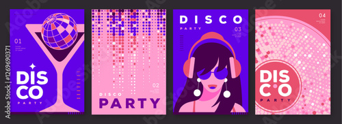 Set of retro disco party posters, covers or banners with disco ball. Disco background. Flat design. Vector illustration